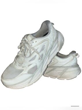 HOKA CLIFTON Women's White Sneakers, back reflective strip, grey accents. 7